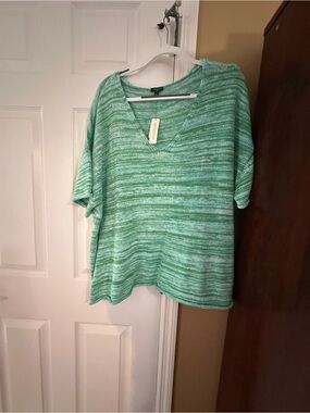 Talbots Mint Green Striped V-Neck Knit Pullover